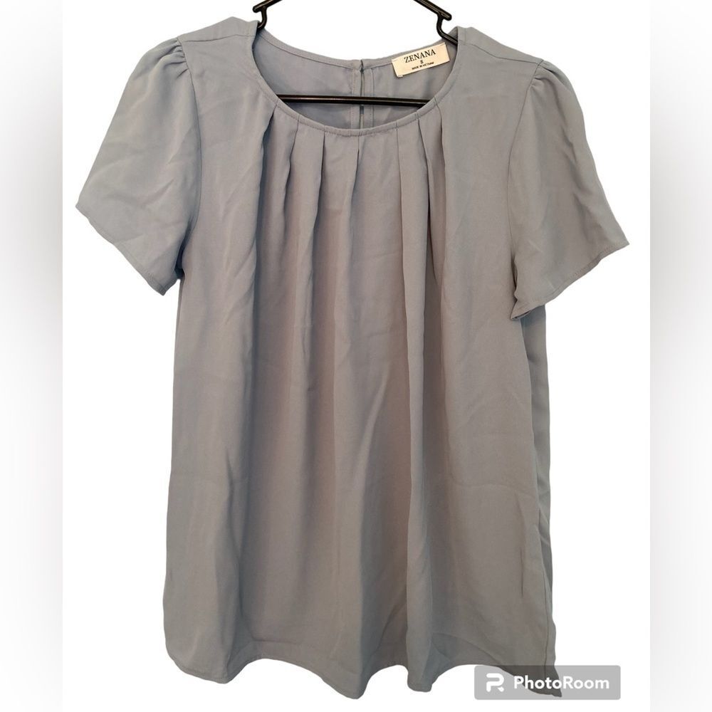 Zenana Light Blue Short Sleeve Blouse Ruffle Crew Neck Sheer Women's Small